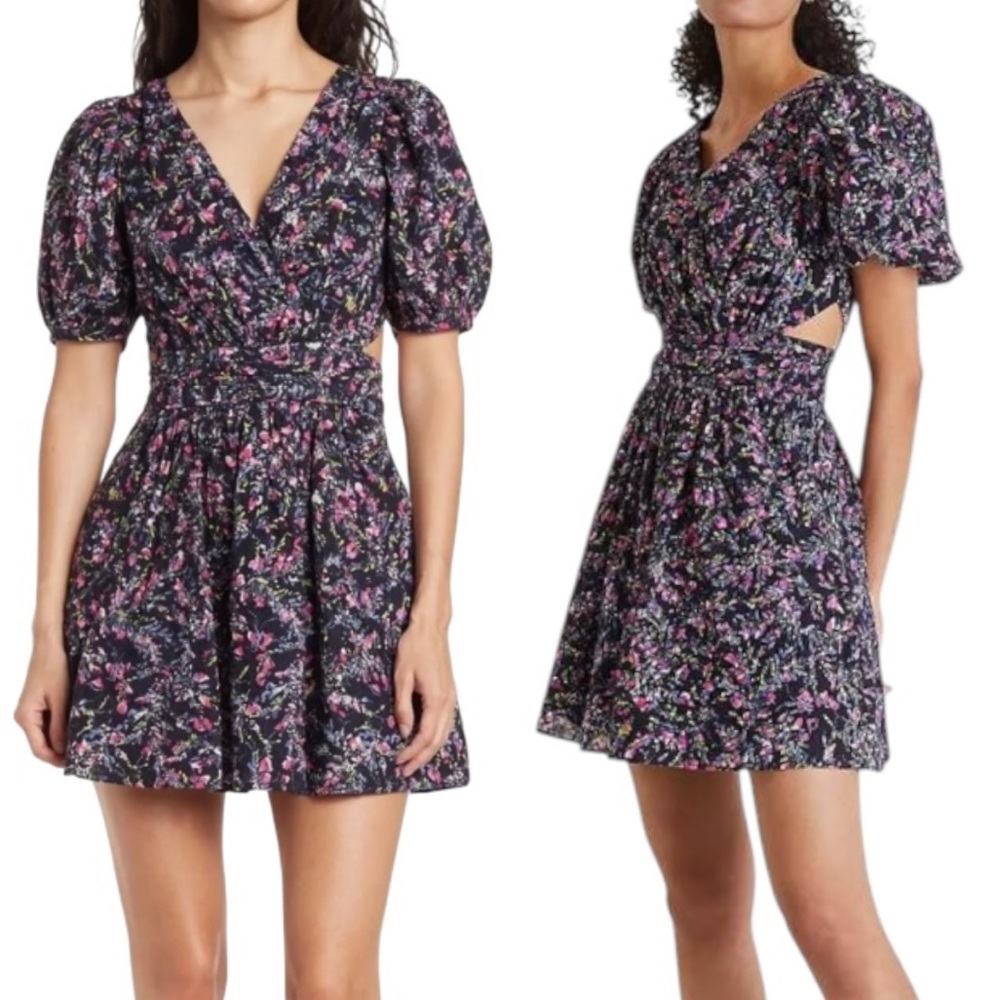 French Connection Flores Black Floral Eyelet Cutout Puff Sleeve Mini Dress - 6